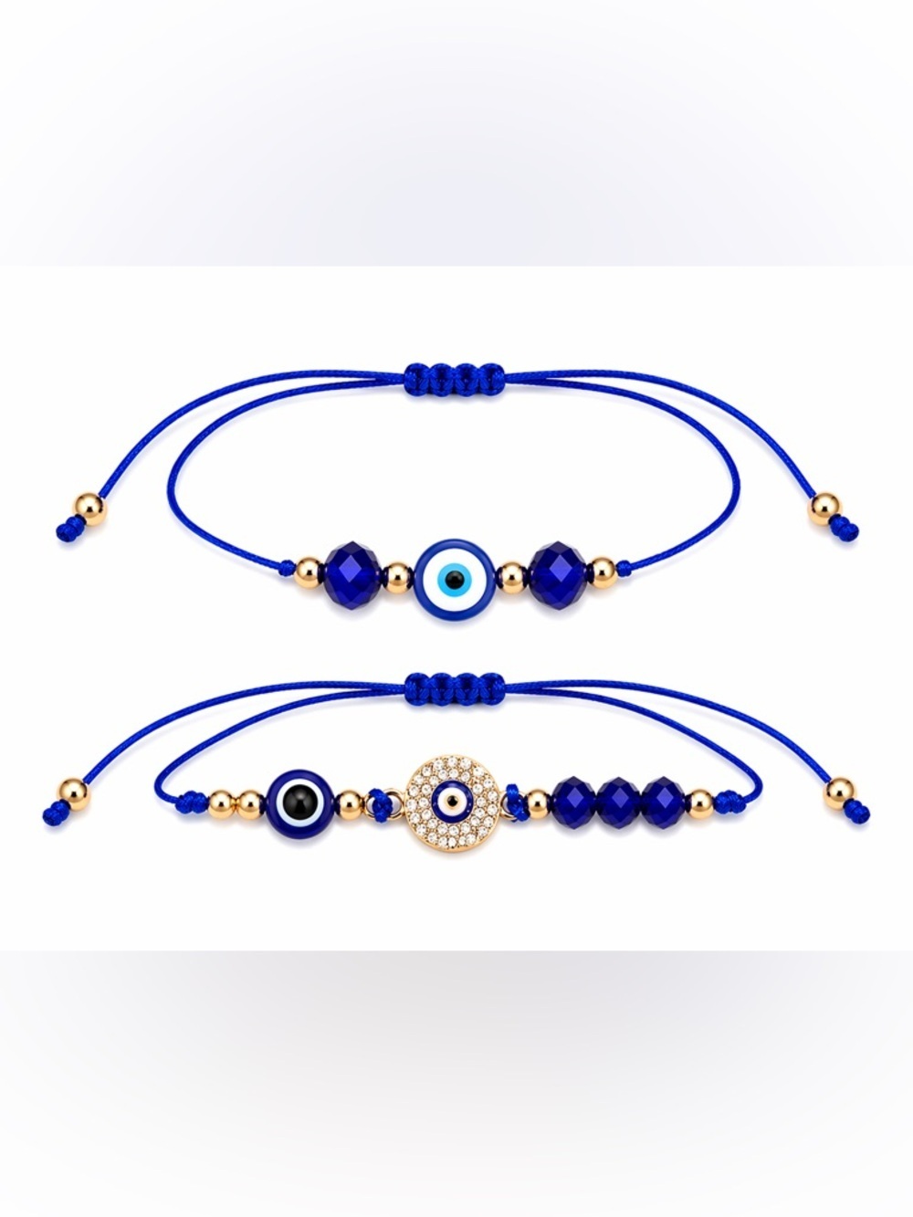 Cobalt Blue Evil Eye Adjustable Cord Bracelets Set Gold Tone Crystal Charm 2pcs